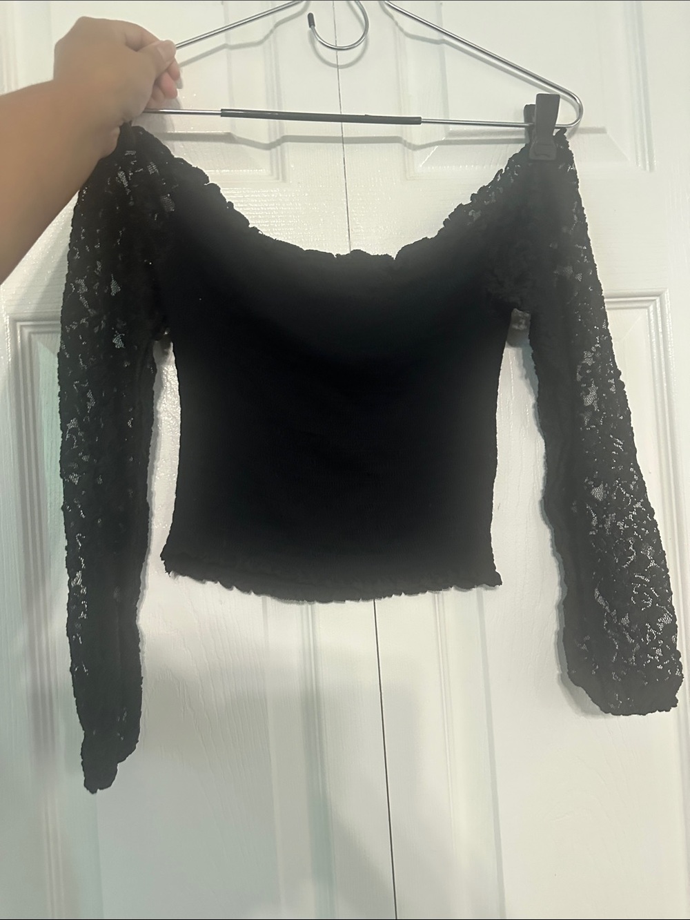 Black Off-Shoulder Lace-Sleeve Crop Top